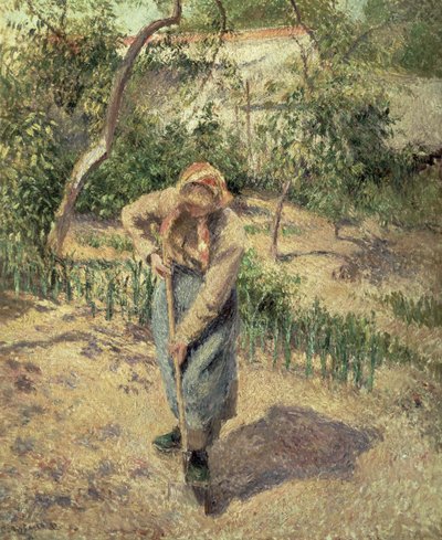 Vrouw die graaft in een boomgaard, 1882 door Camille Jacob Pissarro